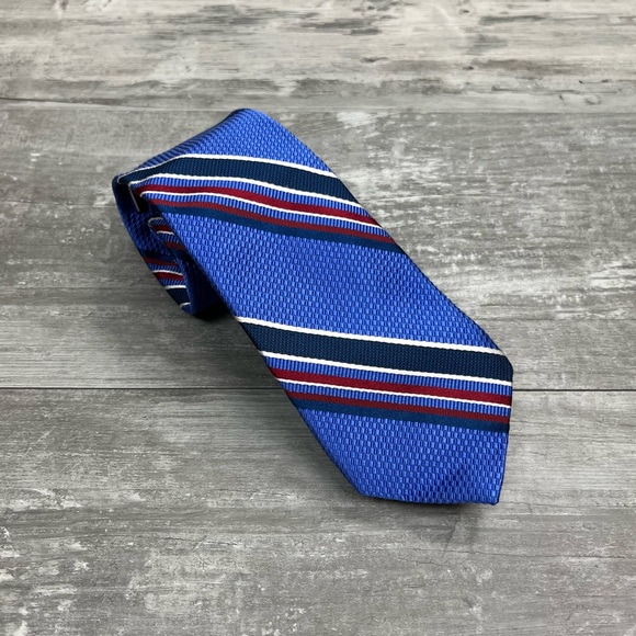 Jos A Bank Reserve Blue w/ Red, Navy & White Stripe Twill Tie - Picture 1 of 6
